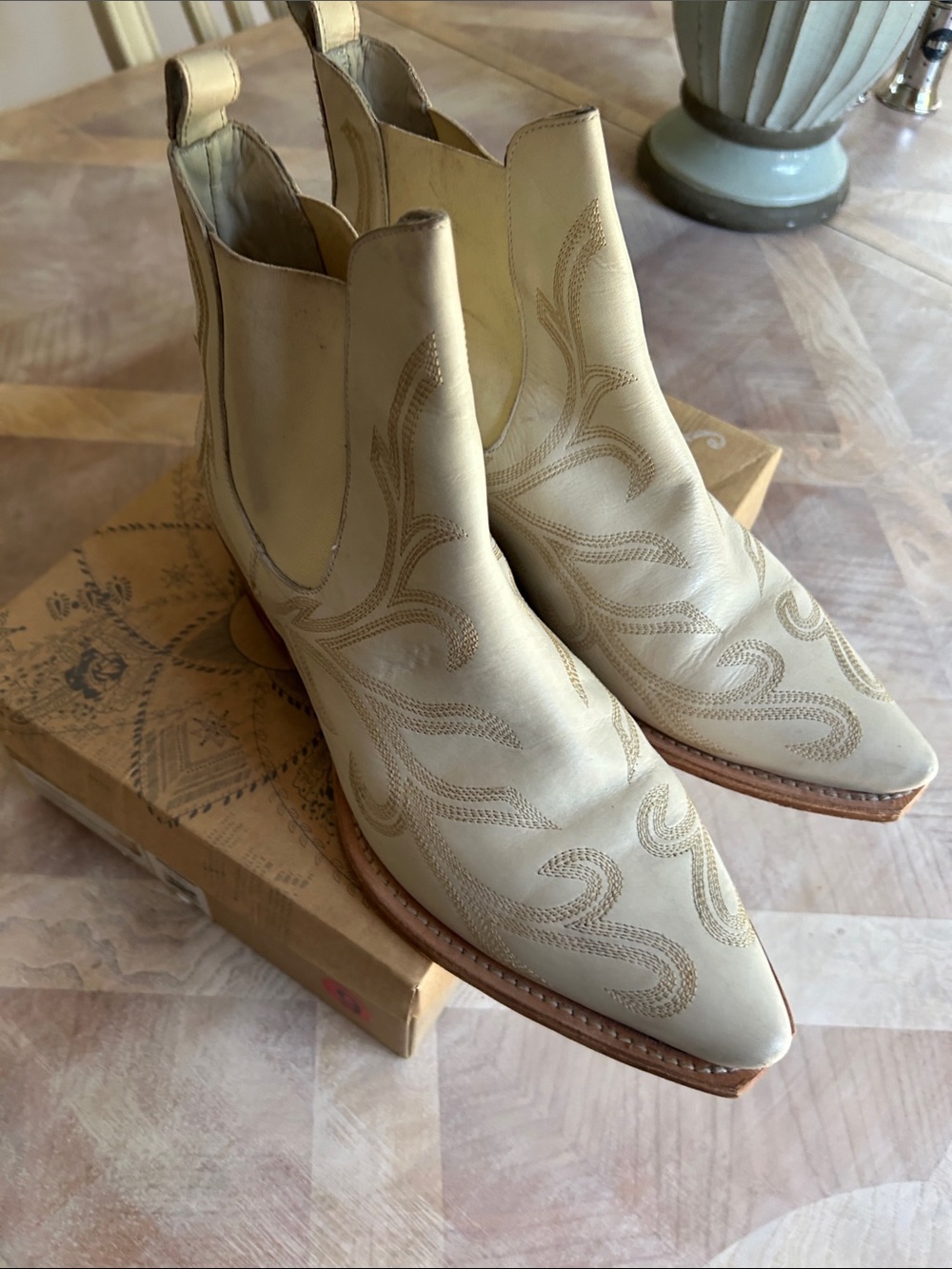 Cream Western Chevron Stitch Leather Ankle Boots Free People